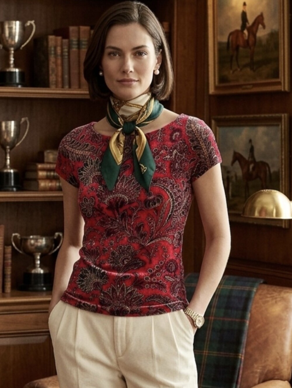 Lauren Ralph Lauren Womens Red Paisley Bohomian Floral Top Shirt Viscose Medium - Picture 2 of 7